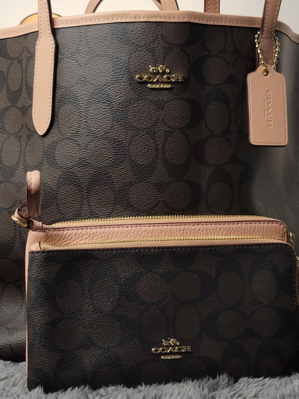 COACH Brown Signature Tote with Pink Trim and Wristlet